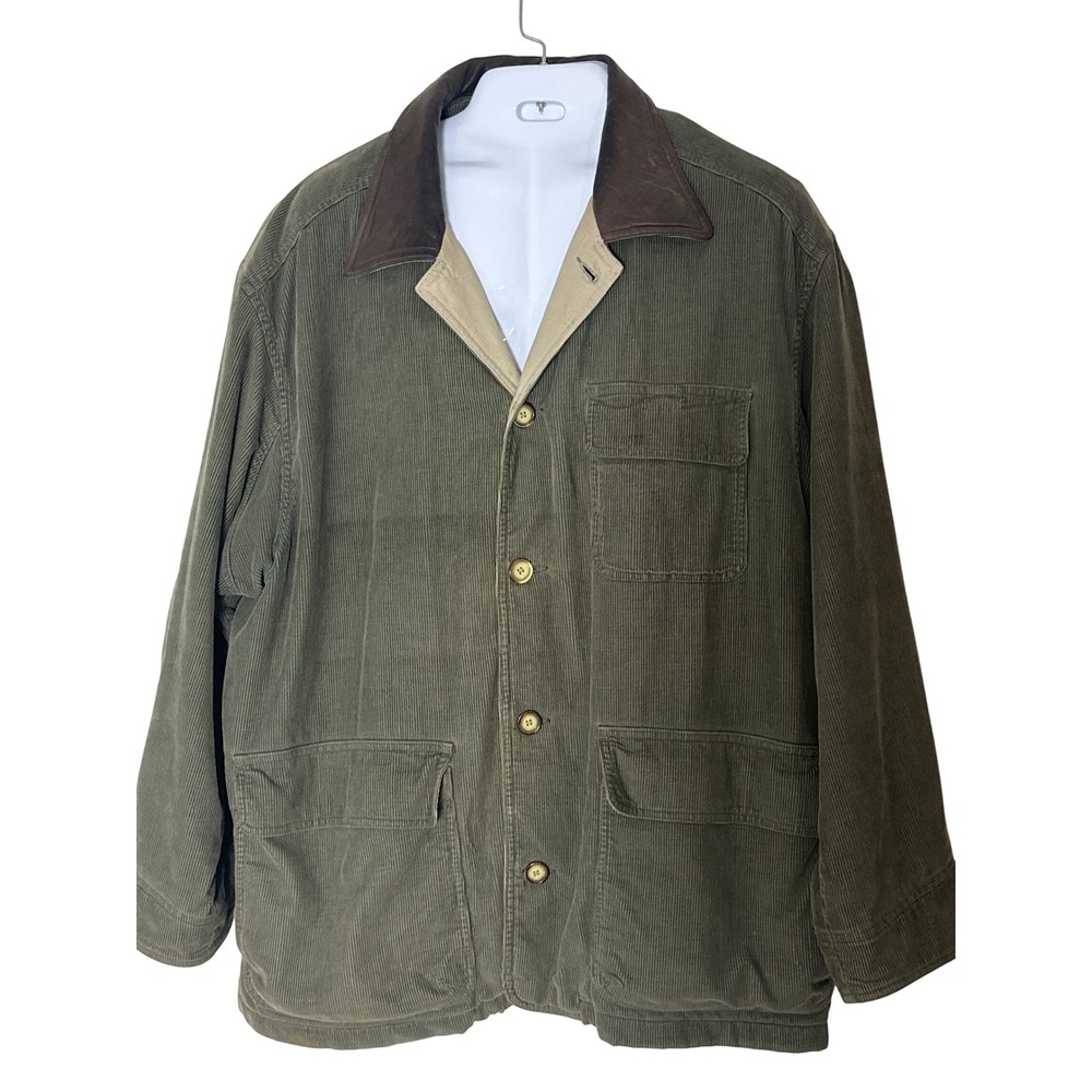 Vtg 90s Structure Work Barn Coat Green Corduroy Chore Jacket leather collar XL